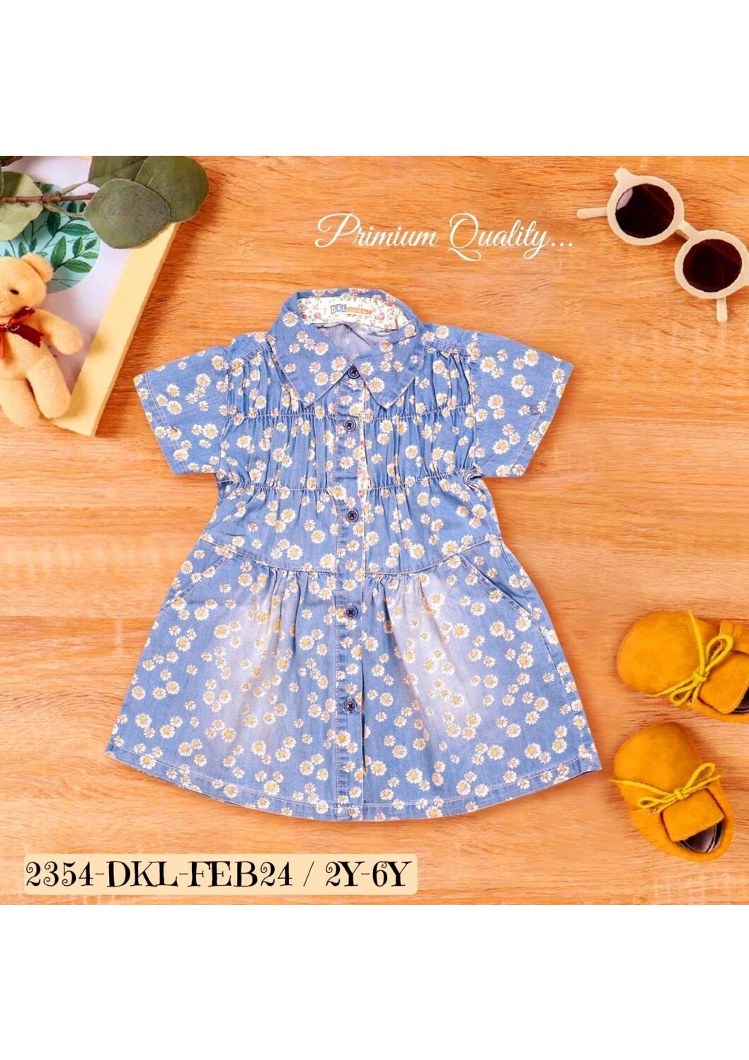 Soft Stretchable Denim Dress with Printed Flower(2Y-6Y)